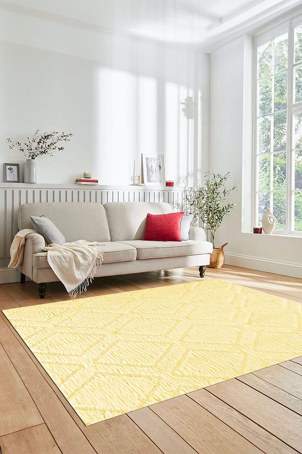 Dijital Baskılı Kaymaz Taban Yıkanabilir Kilim Desen Yolluk Mutfak Salon Halısı, SADE-02-sarı, - 4