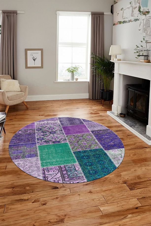 Baskılı Kaymaz Yıkanabilir Patchwork Desen Yuvarlak Mutfak Salon Halısı, Y-PATCHWORK-01-MOR, - 1