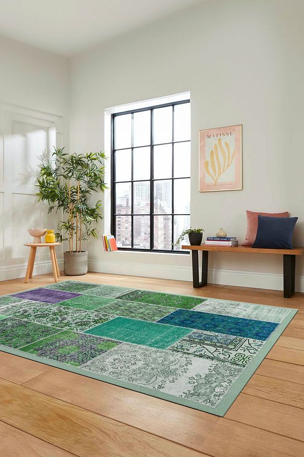 Dijital Kaymaz Taban Yıkanabilir Patchwork Desen Yolluk Mutfak Salon Halısı, PATCHWORK-01-YEŞİL, - 3