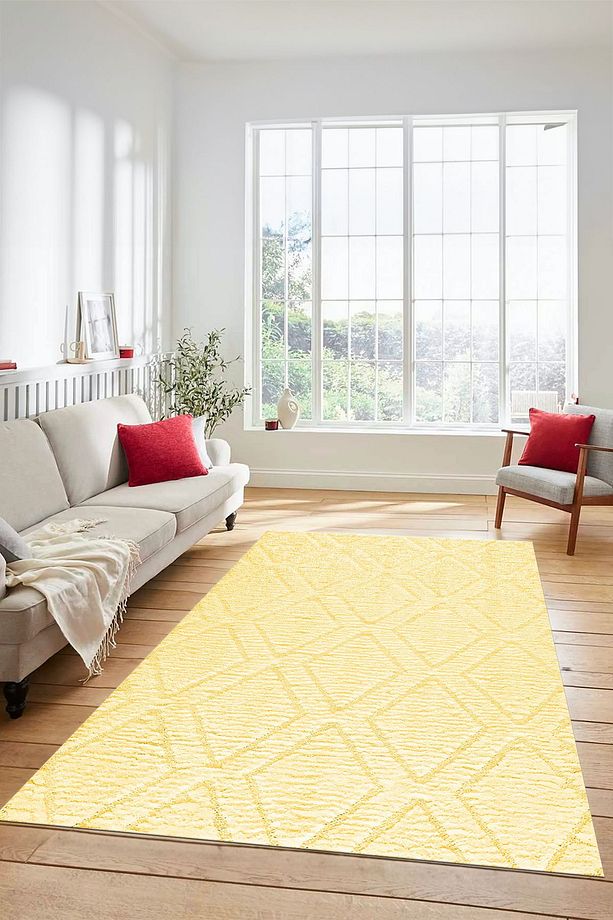 Dijital Baskılı Kaymaz Taban Yıkanabilir Kilim Desen Yolluk Mutfak Salon Halısı, SADE-02-sarı, - 3