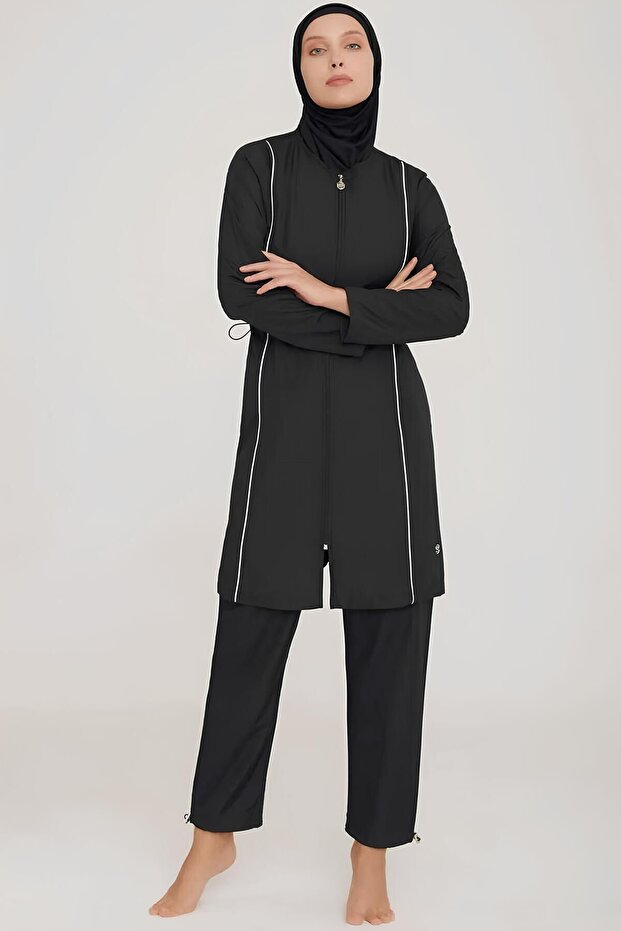 Women's Front Zipper Black Parachute Fabric Fast Drying Full Covered Hijab Swimsuit