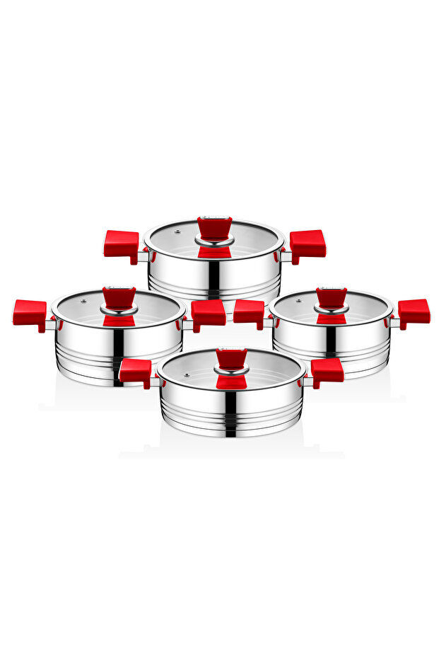 1129 - 8 Pieces, 1. Grade Stainless Steel, Induction Compatible Cookware Set, Silver Body, Red Detail