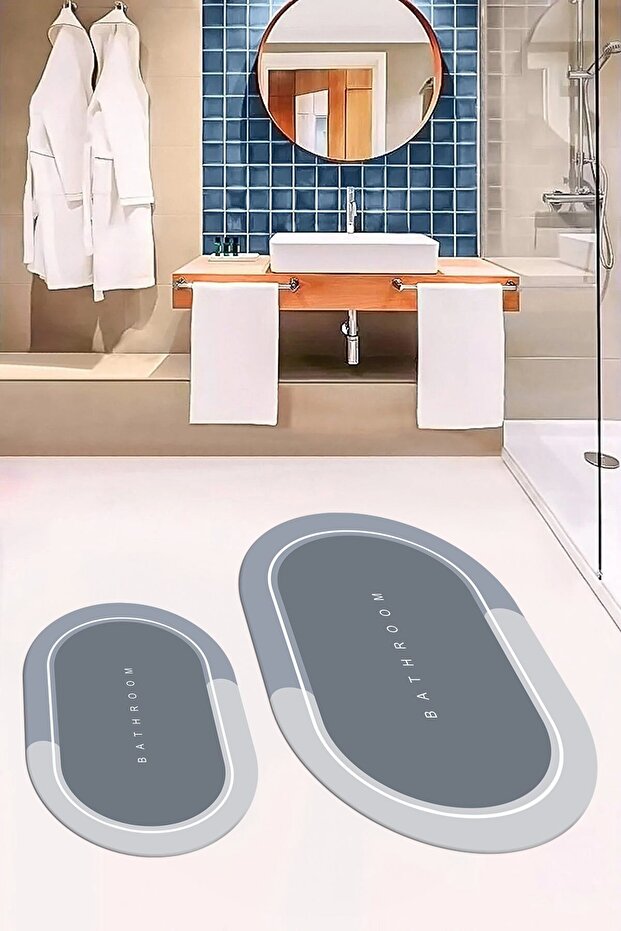 Digital Printed Washable Bathroom Written Oval Bath Mat Toilet Set, OKLZT-1-GRAY,