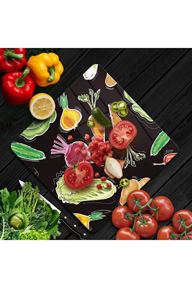 لوح تقطيع زجاجي مربع بنمط الخضار - 2
