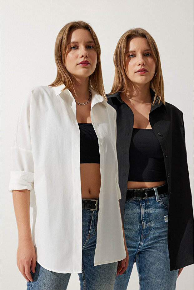 Kadın Siyah Beyaz 2'li Oversize Uzun Basic Gömlek - 1