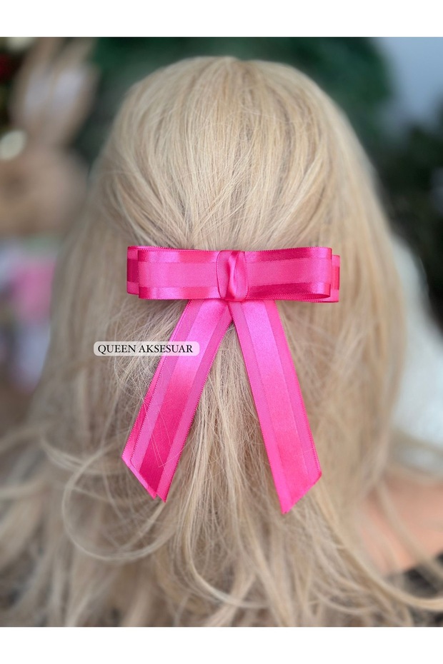 New trendy fashion simple layered dangling satin ribbon bow automatic clip hair clip in fuchsia pink.