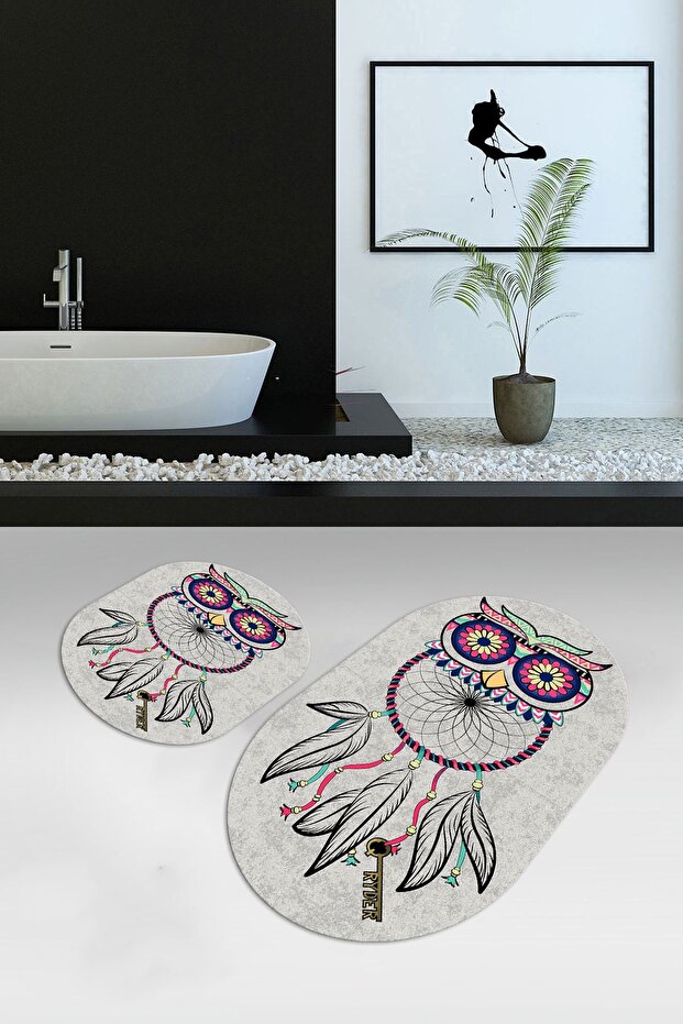 Digital Non-Slip Washable Owl Pattern Oval Bathroom Set Toilet Set, GRAY