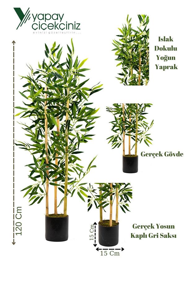 Yapay Yoğun Yapraklı Dekoratif Bambu Ağacı 3 Gövde 120cm - 5