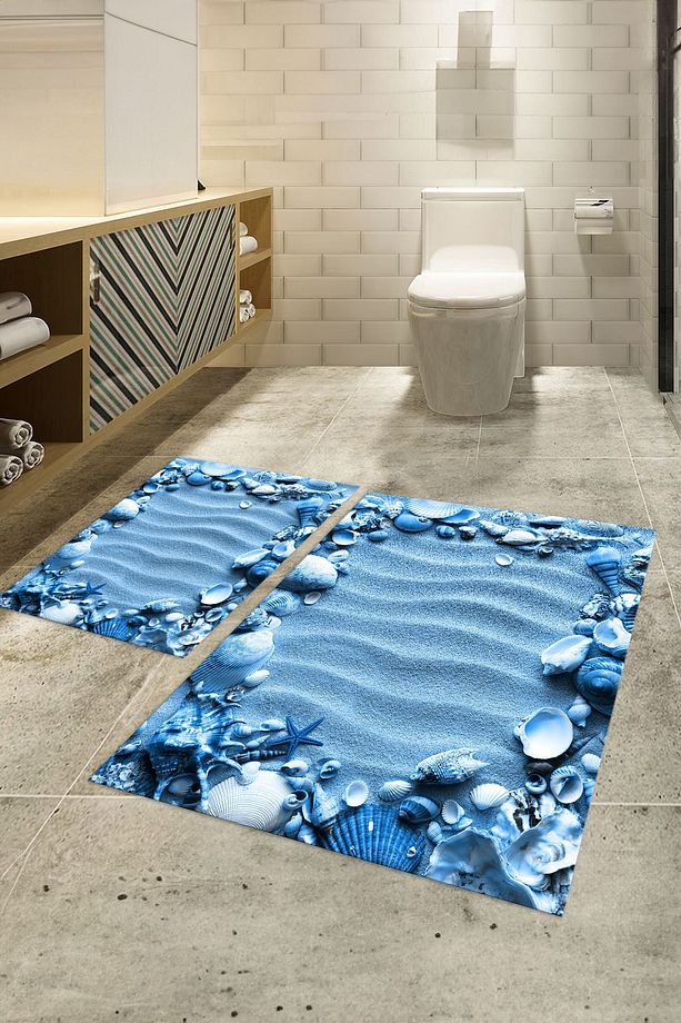 3D Dijital Baskılı Kaymaz Taban Yıkanabilir İkili Banyo Takımı Klozet Takımı, N-KLOZET-47-MAVİ, - 1