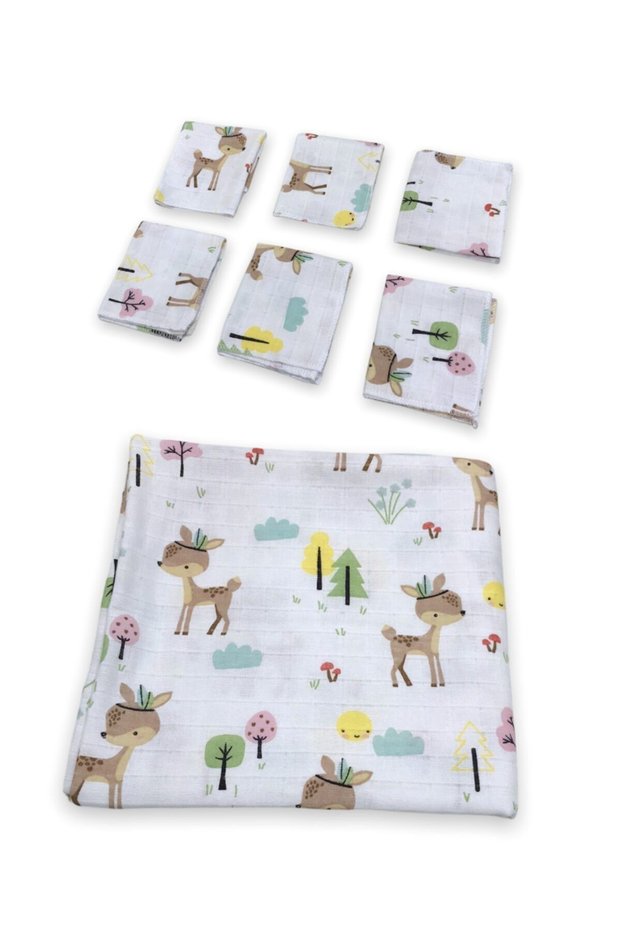 110x110cm Muslin Cloth Cover Blanket Swaddle and 6 Mouth Wiping Cloths Karaca Patterned