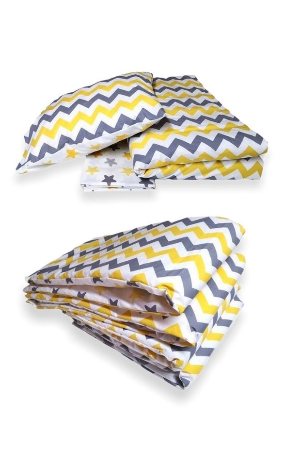 Cotton 120x200 Montessori Edge Protection Sleeping Set Yellow Navy Blue Zigzag 7 Pieces