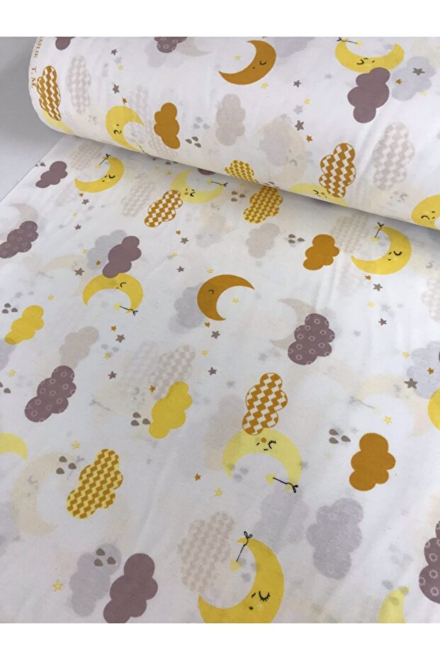 Cotton Children's Fitted Sheet 90x190 White Yellow Moon Cloud