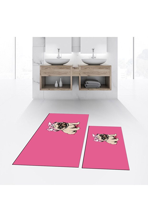 Digital Printed Non-Slip Base Washable Double Bathroom Mat Toilet Set, V-KLOZET-38-PINK,
