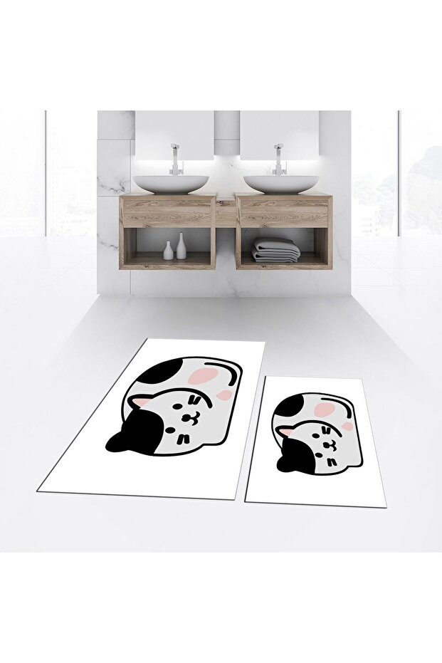 Digital Printed Non-Slip Base Washable Double Bathroom Mat Toilet Set, V-KLOZET-43-WHITE,