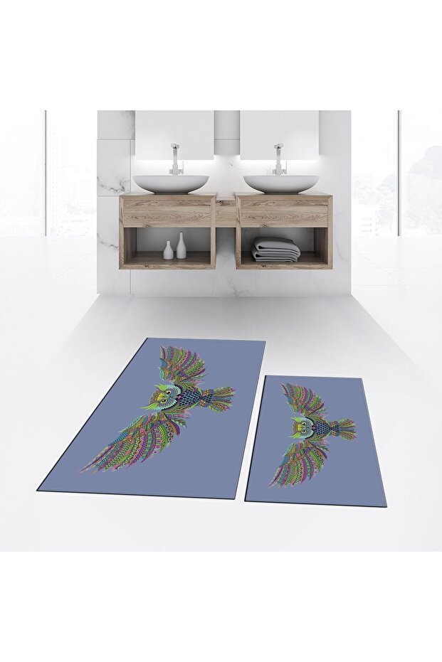 Digital Printed Non-Slip Base Washable Double Bathroom Mat Toilet Seat Set, V-KLOZET-37-BLUE,