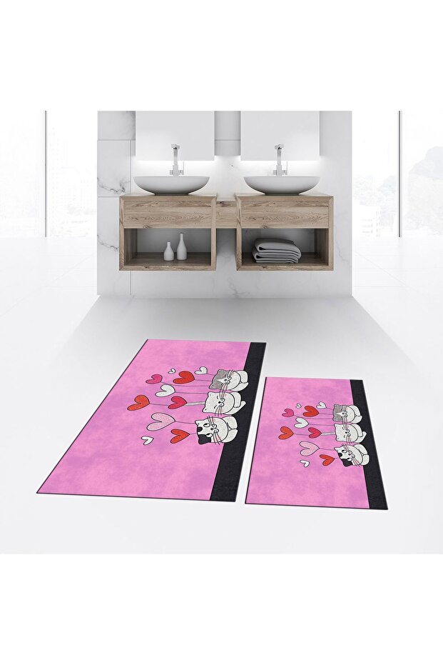 Digital Printed Non-Slip Base Washable Double Bathroom Mat Toilet Set, V-KLOZET-42-PINK,