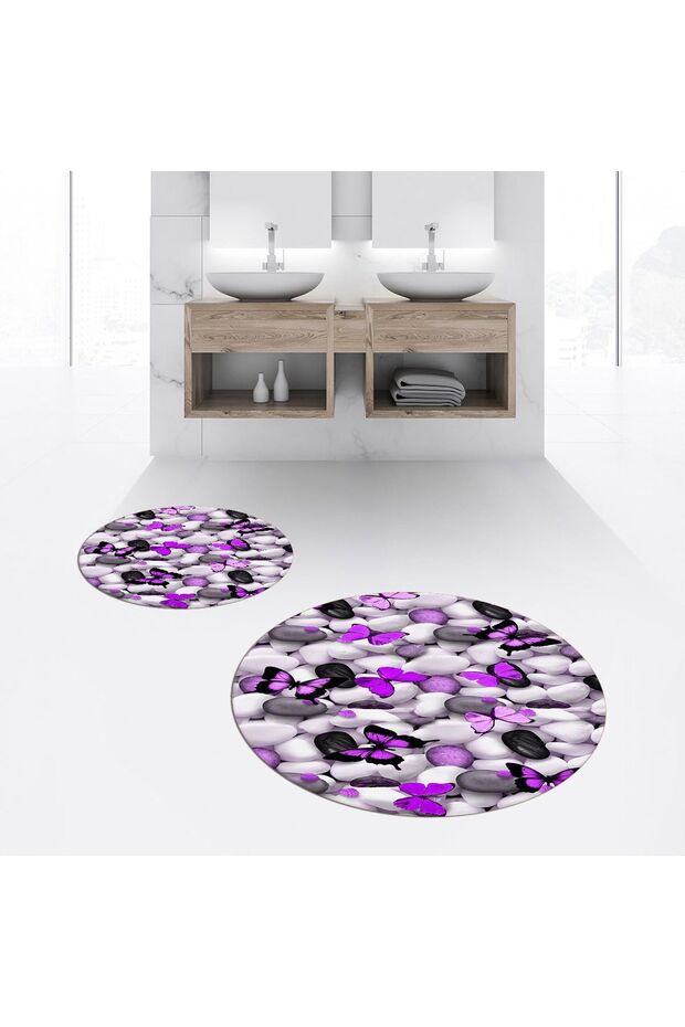 Digital Printed Non-Slip Washable Round Double Bath Mat Toilet Seat Set, V-Y-KLOZET-44-PURPLE,