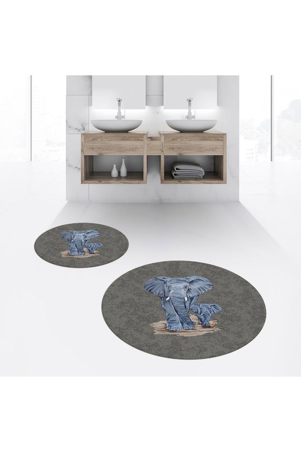 Digital Printed Non-Slip Washable Round Double Bathroom Mat Toilet Seat Set, V-Y-KLOZET-33-GRAY,