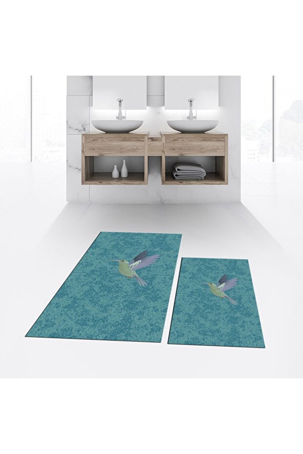 Digital Printed Non-Slip Base Washable Double Bathroom Mat Toilet Seat Set, V-KLOZET-36-BLUE,