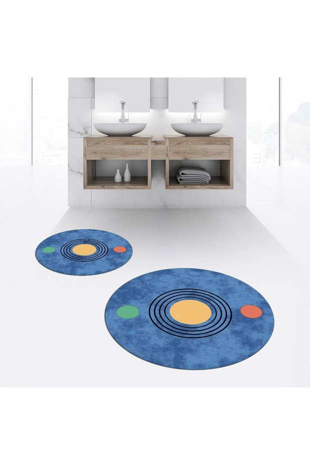Digital Printed Non-Slip Washable Round Double Bath Mat Toilet Seat Set, V-Y-KLOZET-49-BLUE,