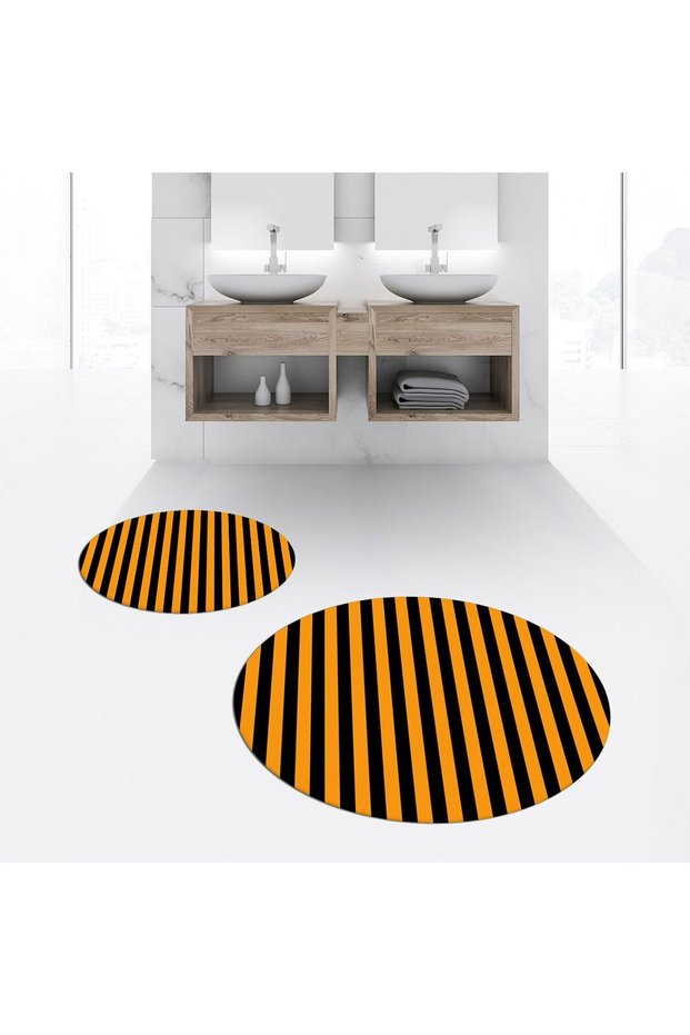 Digital Printed Non-Slip Washable Round Double Bath Mat Toilet Seat Set, V-Y-KLOZET-50-ORANGE,