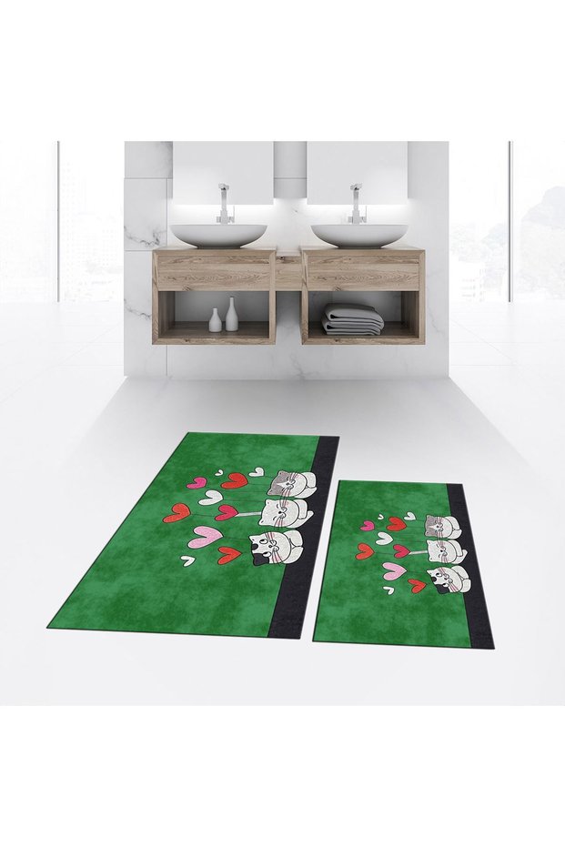 Digital Printed Non-Slip Base Washable Double Bathroom Mat Toilet Seat Set, V-KLOZET-42-GREEN,