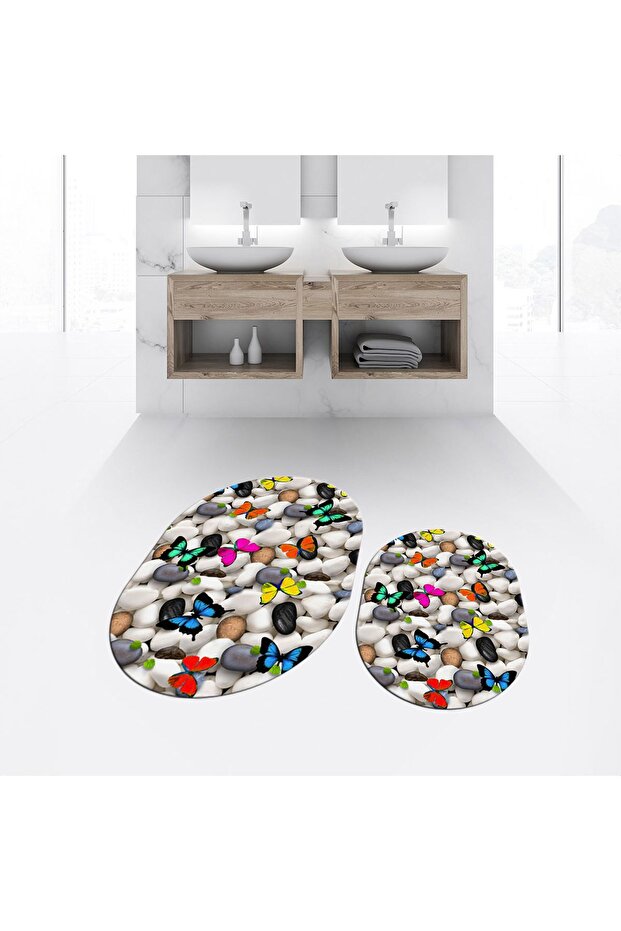 Digital Printed Non-Slip Washable Oval Double Bathroom Mat Toilet Set, V-O-KLOZET-44-COLOR,