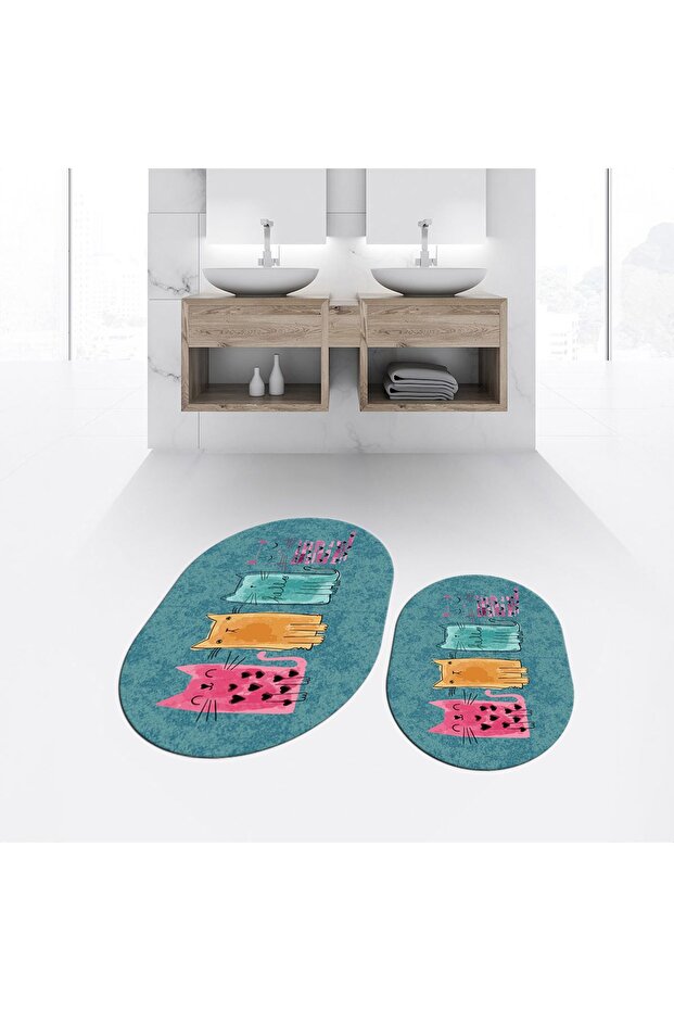 Digital Printed Non-Slip Base Washable Oval Double Bathroom Mat Toilet Seat Set, V-O-KLOZET-41-BLUE,