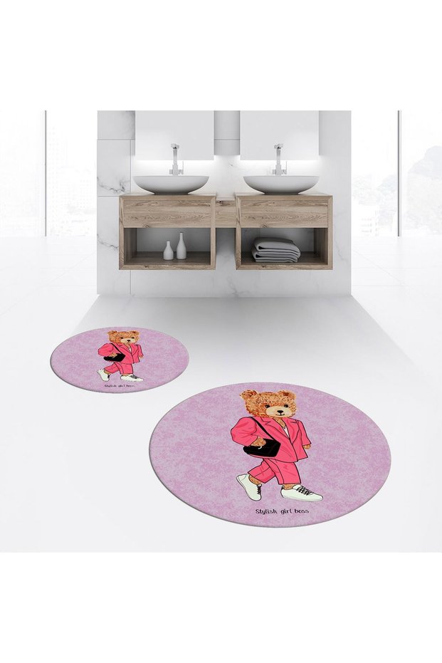 Digital Printed Non-Slip Washable Round Double Bath Mat Toilet Seat Set, V-Y-KLOZET-34-PINK,