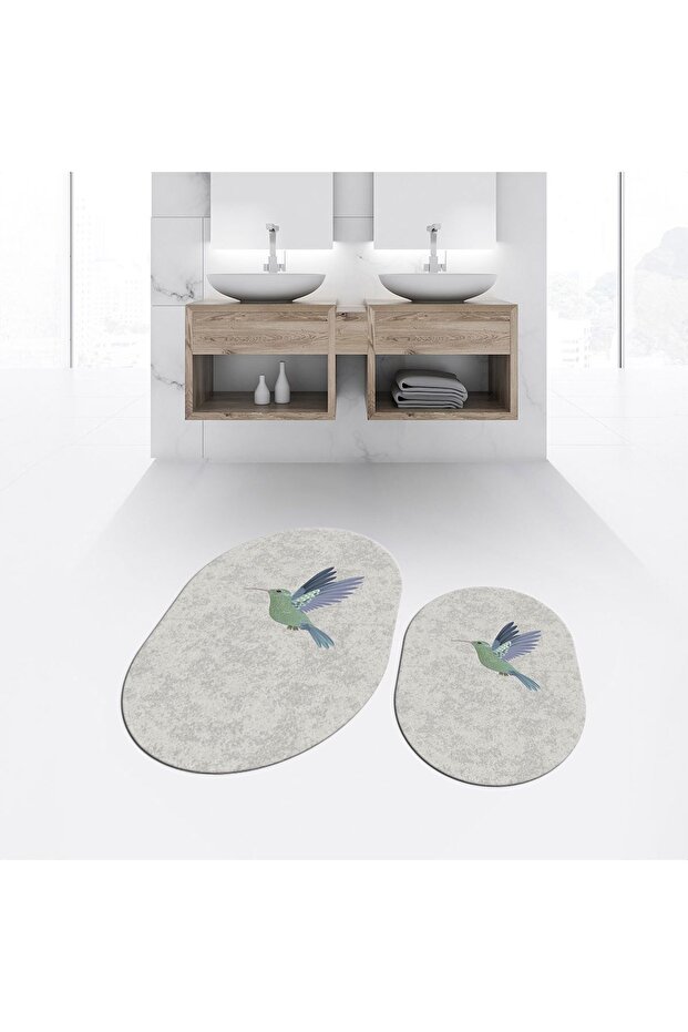 Digital Printed Non-Slip Base Washable Oval Double Bathroom Mat Toilet Seat Set, V-O-KLOZET-36-GRAY,