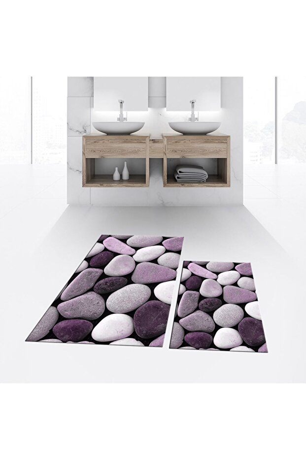 Digital Printed Non-Slip Base Washable Double Bathroom Mat Toilet Set, V-KLOZET-46-PURPLE,