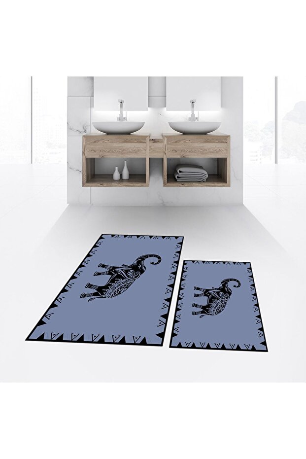 Digital Printed Non-Slip Base Washable Double Bathroom Mat Toilet Seat Set, V-KLOZET-32-BLUE,