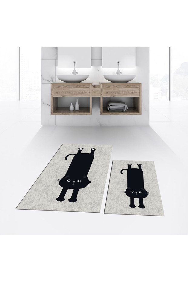 Digital Printed Non-Slip Base Washable Double Bathroom Mat Toilet Seat Set, V-KLOZET-39-GRAY,