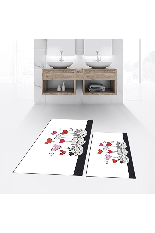 Digital Printed Non-Slip Base Washable Double Bathroom Mat Toilet Set, V-KLOZET-42-WHITE,