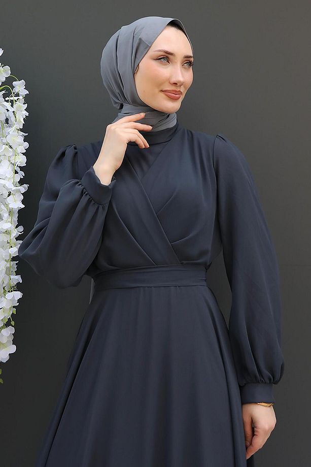 Önü Çapraz Şifon Elbise Füme - 5