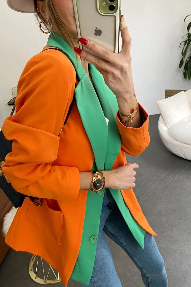 Turuncu Yeşil Tasarım Blazer Ceket - 3