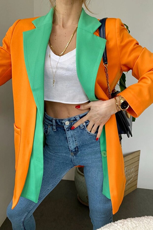 Turuncu Yeşil Tasarım Blazer Ceket - 6