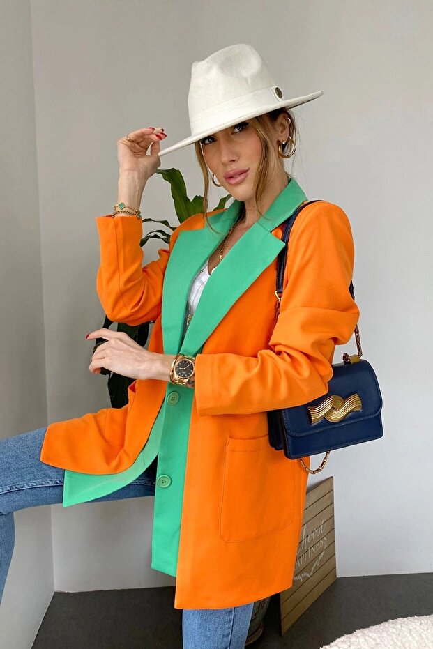 Turuncu Yeşil Tasarım Blazer Ceket - 4