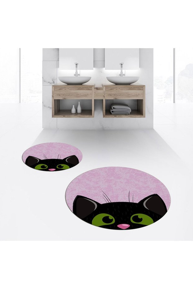 Digital Printed Non-Slip Washable Round Double Bathroom Mat Toilet Set, V-Y-KLOZET-40-PINK,