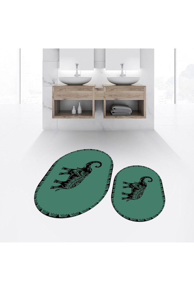 Digital Printed Non-Slip Base Washable Oval Double Bathroom Mat Toilet Seat Set, V-O-KLOZET-32-GREEN,