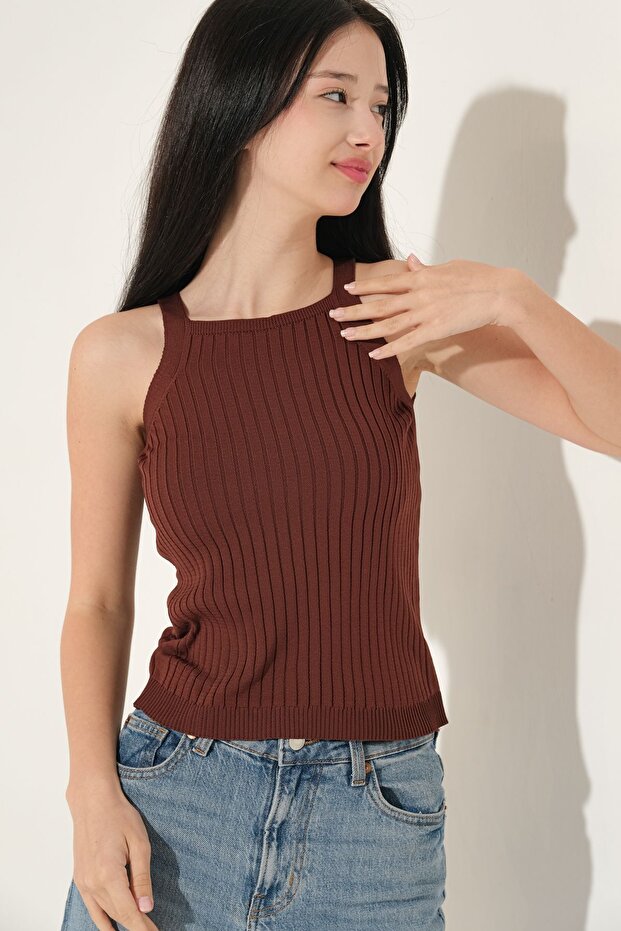 Women's Lycra Halter Neck Thin Strap Summer Blouse Knitwear Undershirt Brown