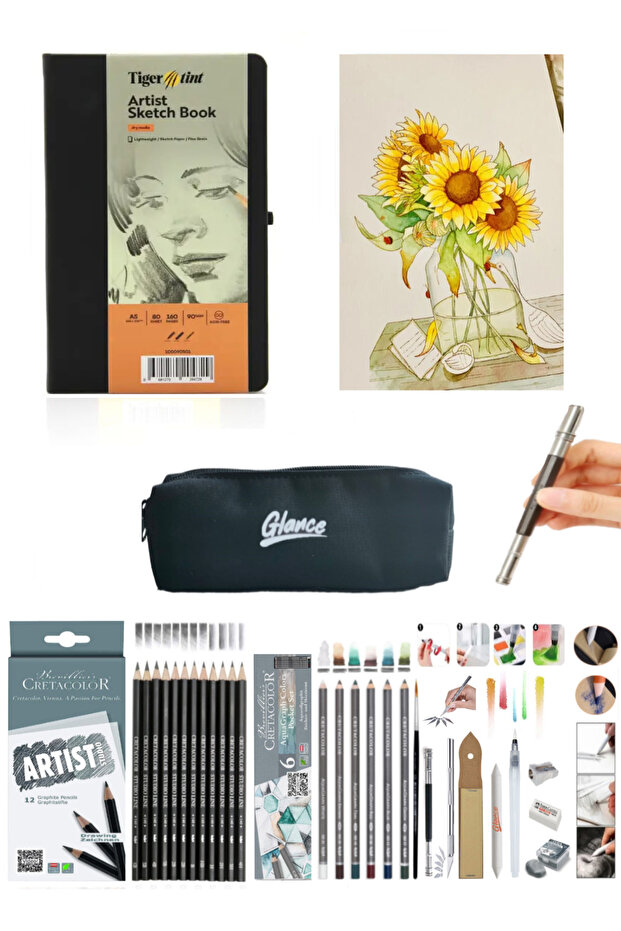 Sketchbook 140g 80 Sheets A5 Black Cretacolor 6-Piece Aquarell-Graded Pencil Set