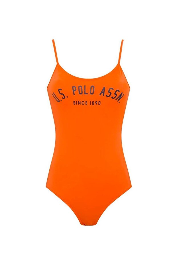 Women's Orange Thin Strap U-Neck Swimsuit