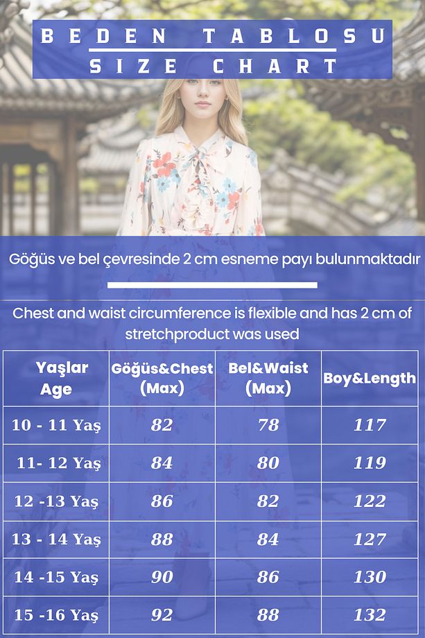 Kız Çocuk Elbise Uzun Boydan Çiçekli Elbise-11 Yaş-12 Yaş-13 Yaş-14 Yaş-15 Yaş-16 Yaş - 2
