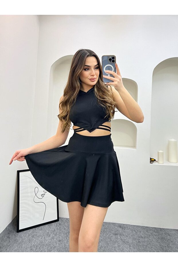 Kadın Siyah Bikini Üstü Şortlu Şortlu Etek - 3