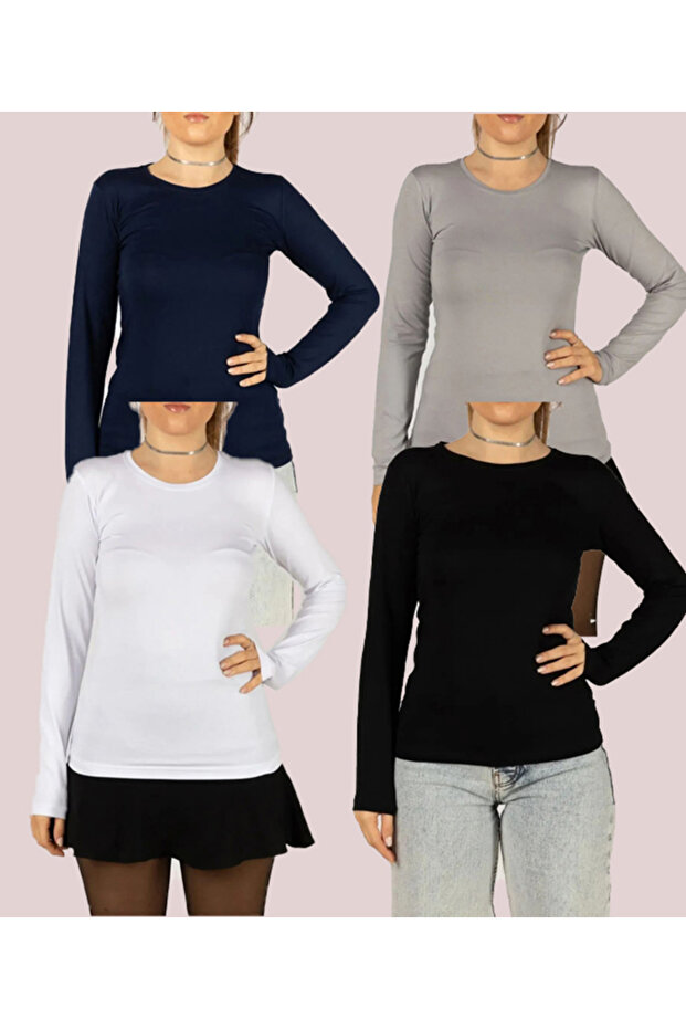 Women's Long Sleeve Stretch Fabric Stretchy Round Neck Crew neck (4-Pack)