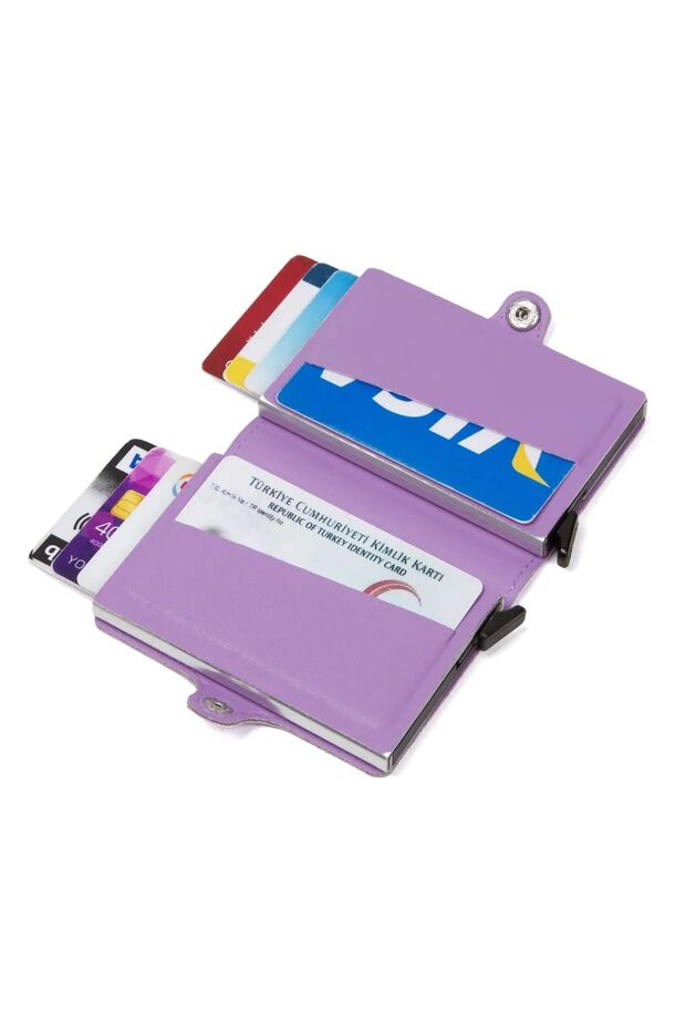 Lilac Leather Automatic Card Anti-Shooting Aluminum Double Mechanism Card Holder and Wallet