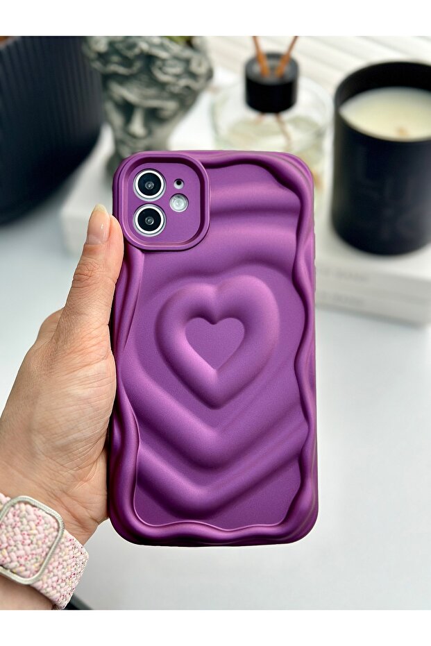 Apple iPhone 11 Compatible 3D Matte Embossed Heart Pattern Anti-Shock Camera Protection Silicone Case - 4