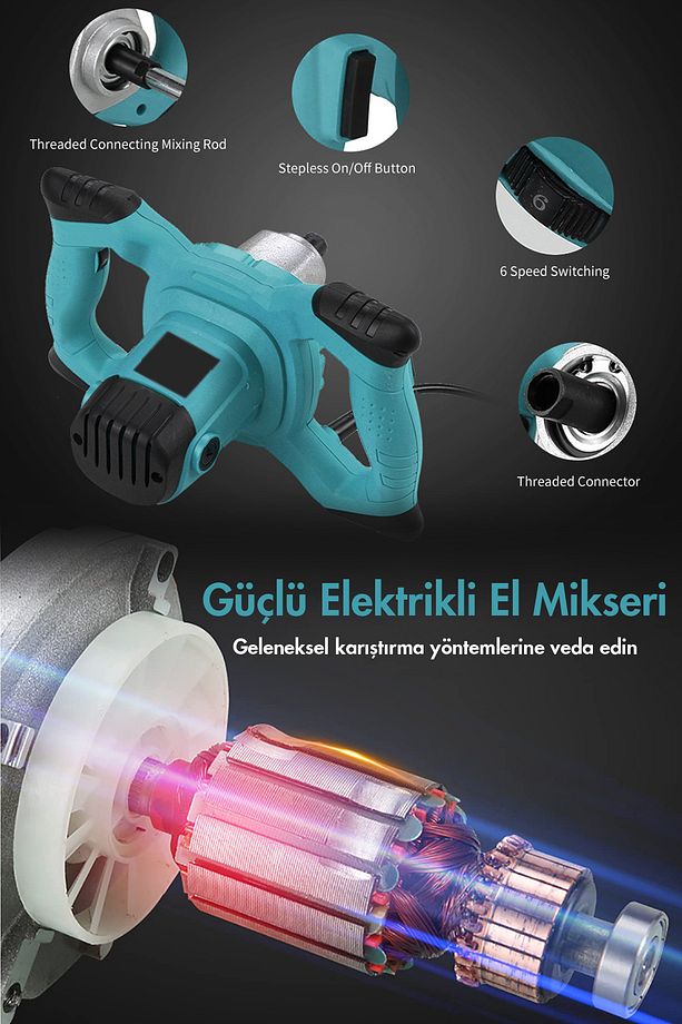 Bakır Sargı 6 Kademe Devir Ayarlı Elektirikli Alçı Boya Ve Harç Karıştırıcı Mikser - 3