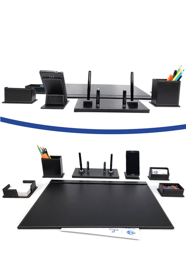Pr607 Double Pen Black Color Leather Desk Mat Set 7 Pieces